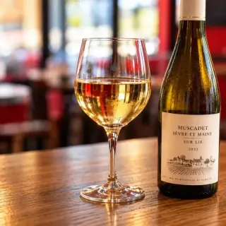 Verre de vin blanc et bouteille de Muscadet sur une table en bois