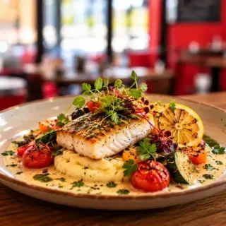 Plat du jour : dos de poisson rôti sur purée maison, tomates et légumes grillés